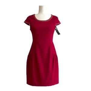 RW Runway Paris Dress Red Cap Sleeve Faux Leather Trim Career Dress Medium NEW